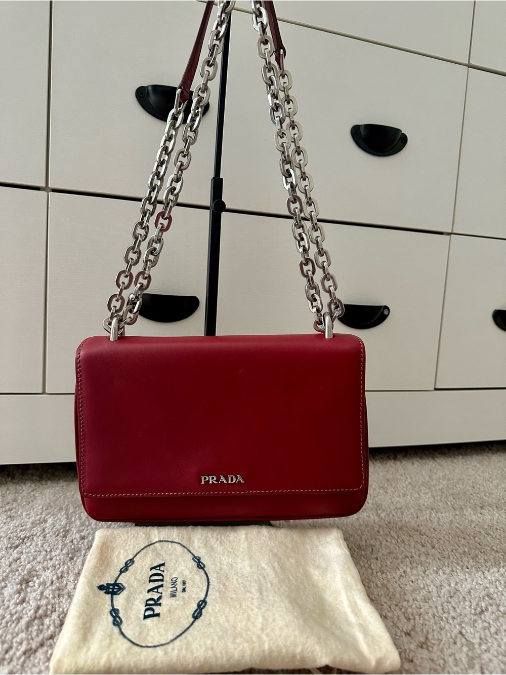 Prada Cherry Red Leather Shoulder Bag with Silver Chain Strap